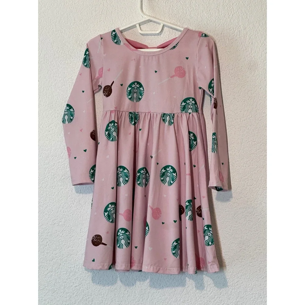 Foxtail Lilies Girls 4T Pink Coffee Cake Pop Bow Back Long Sleeve Twirl Dress